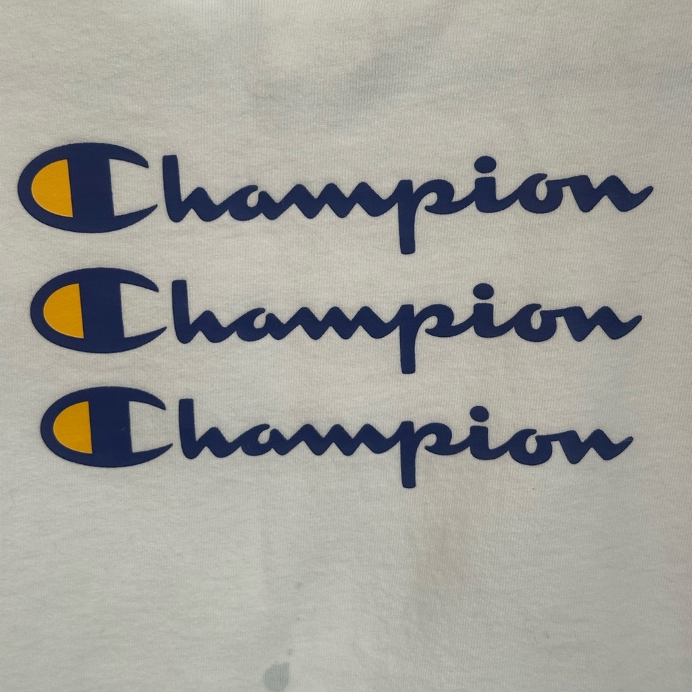 Champion White Cropped Short Sleeve with Blue & Yellow Labeling (XS)